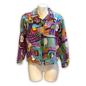 Vintage 90s Artscapes Abstract Musical Print Linen Statement Jacket Sz